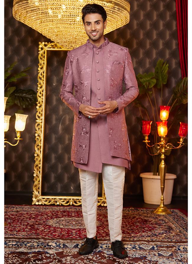 Art Silk Pink Wedding Wear Thread Work Readymade Indo Western Sherwani